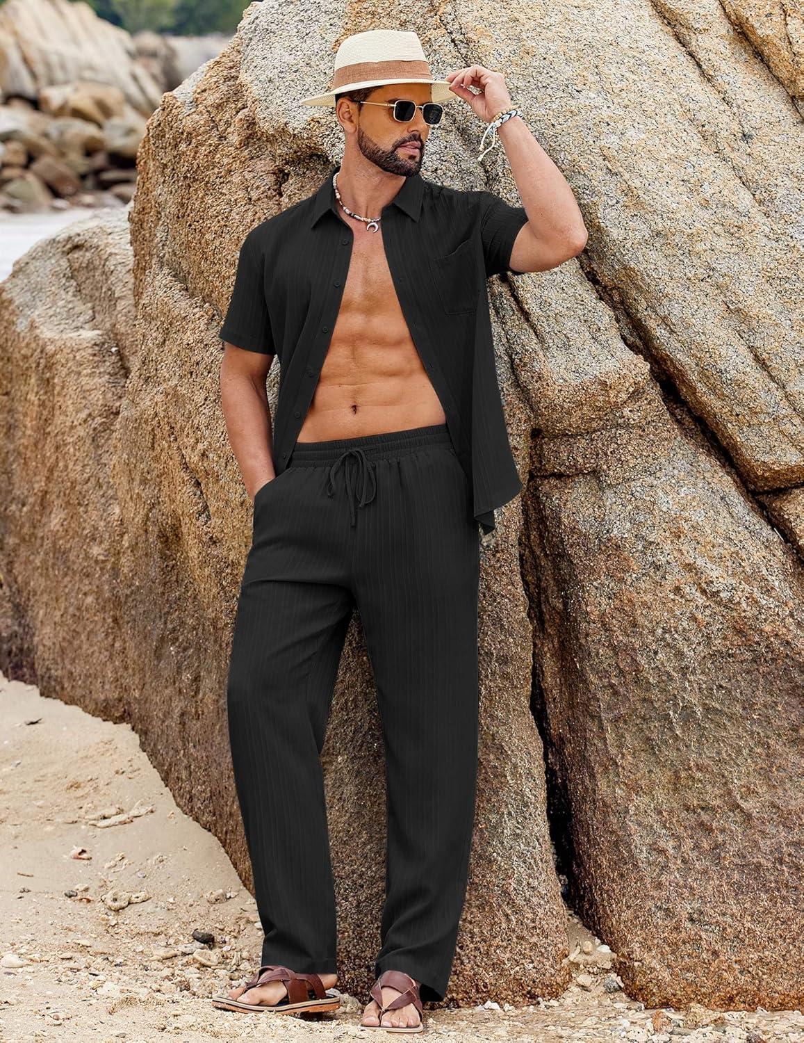 imageCOOFANDY Mens 2 Piece Sets Summer Outfits Short Sleeve Button Down Shirt Loose Pant Sets Beach Vacation OutfitsBlack