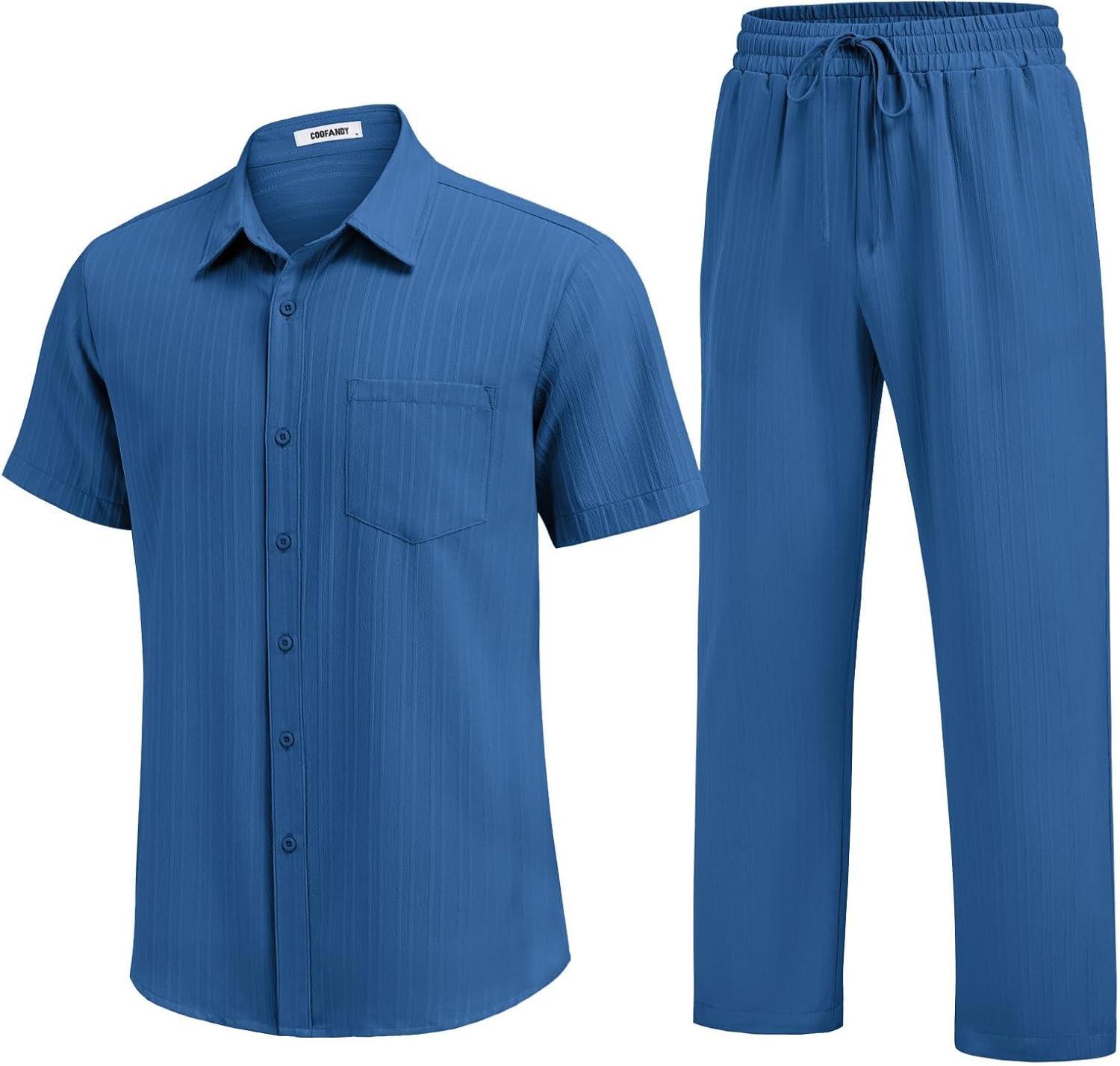 imageCOOFANDY Mens 2 Piece Sets Summer Outfits Short Sleeve Button Down Shirt Loose Pant Sets Beach Vacation OutfitsDenim Blue