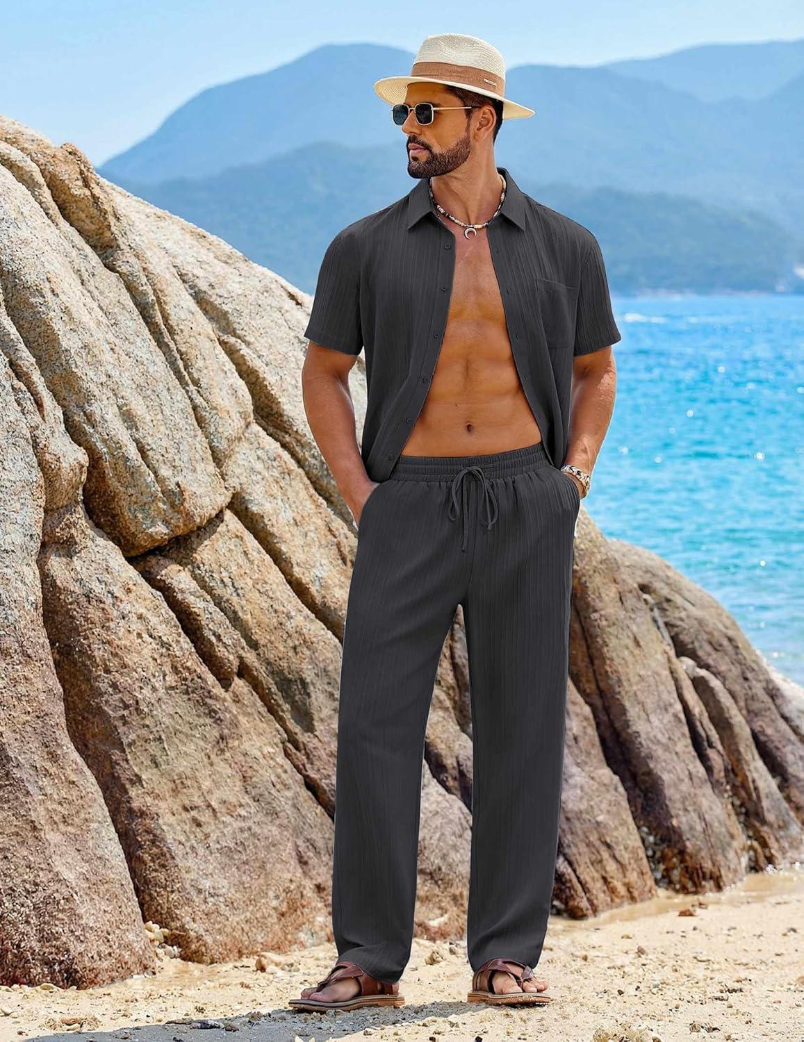 imageCOOFANDY Mens 2 Piece Sets Summer Outfits Short Sleeve Button Down Shirt Loose Pant Sets Beach Vacation OutfitsGrey