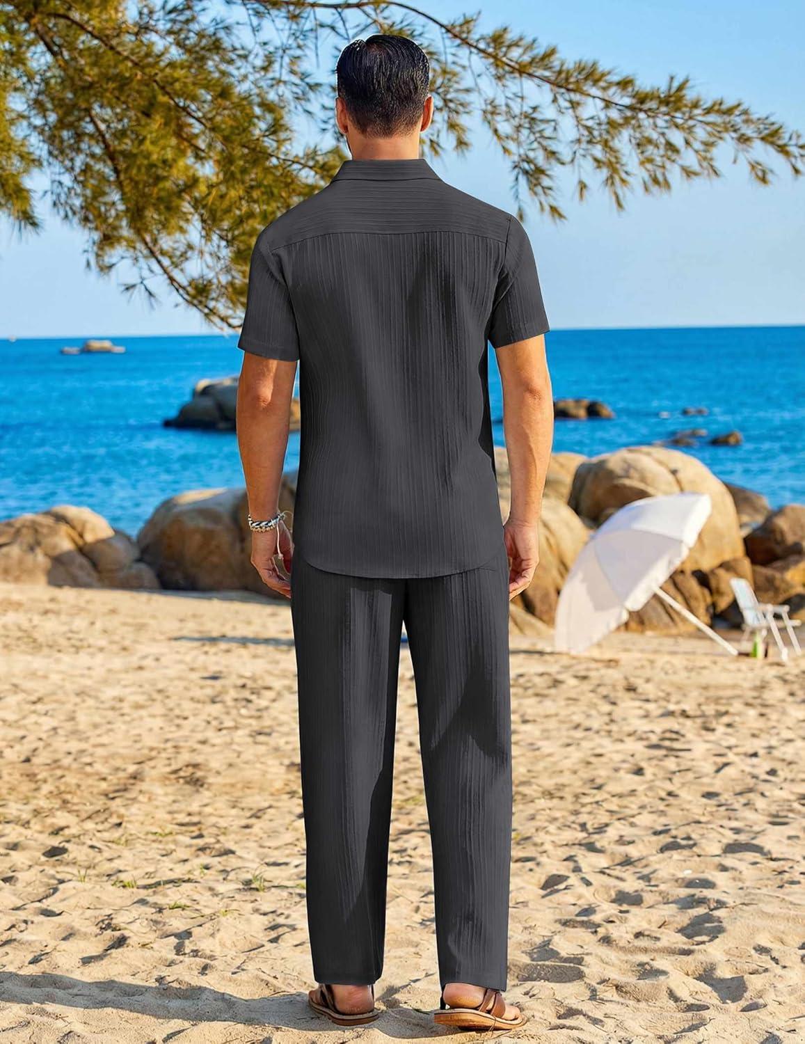 imageCOOFANDY Mens 2 Piece Sets Summer Outfits Short Sleeve Button Down Shirt Loose Pant Sets Beach Vacation OutfitsGrey