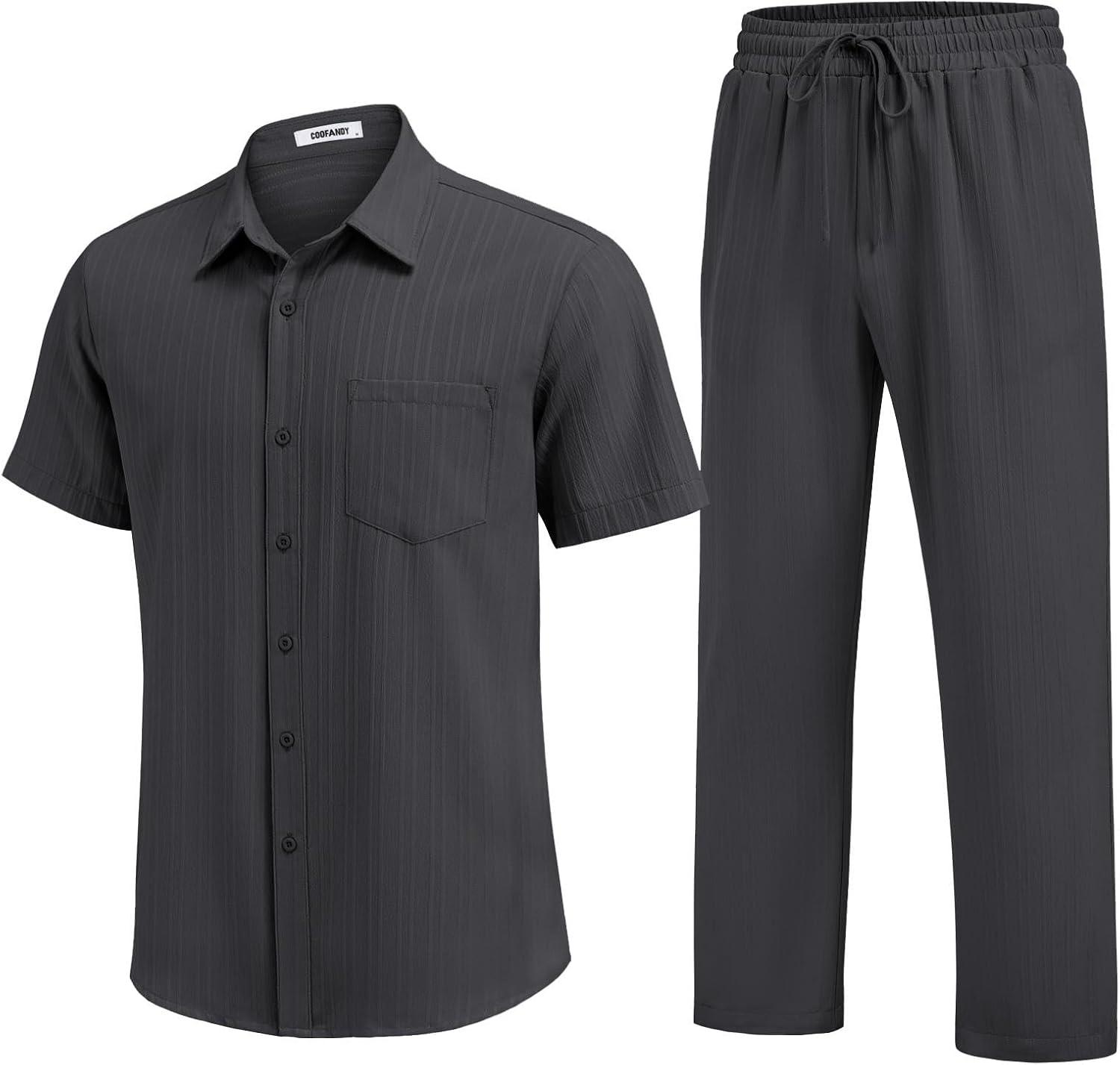 imageCOOFANDY Mens 2 Piece Sets Summer Outfits Short Sleeve Button Down Shirt Loose Pant Sets Beach Vacation OutfitsGrey
