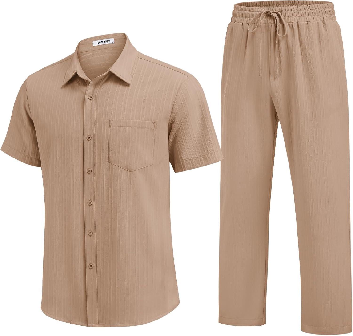 imageCOOFANDY Mens 2 Piece Sets Summer Outfits Short Sleeve Button Down Shirt Loose Pant Sets Beach Vacation OutfitsKhaki