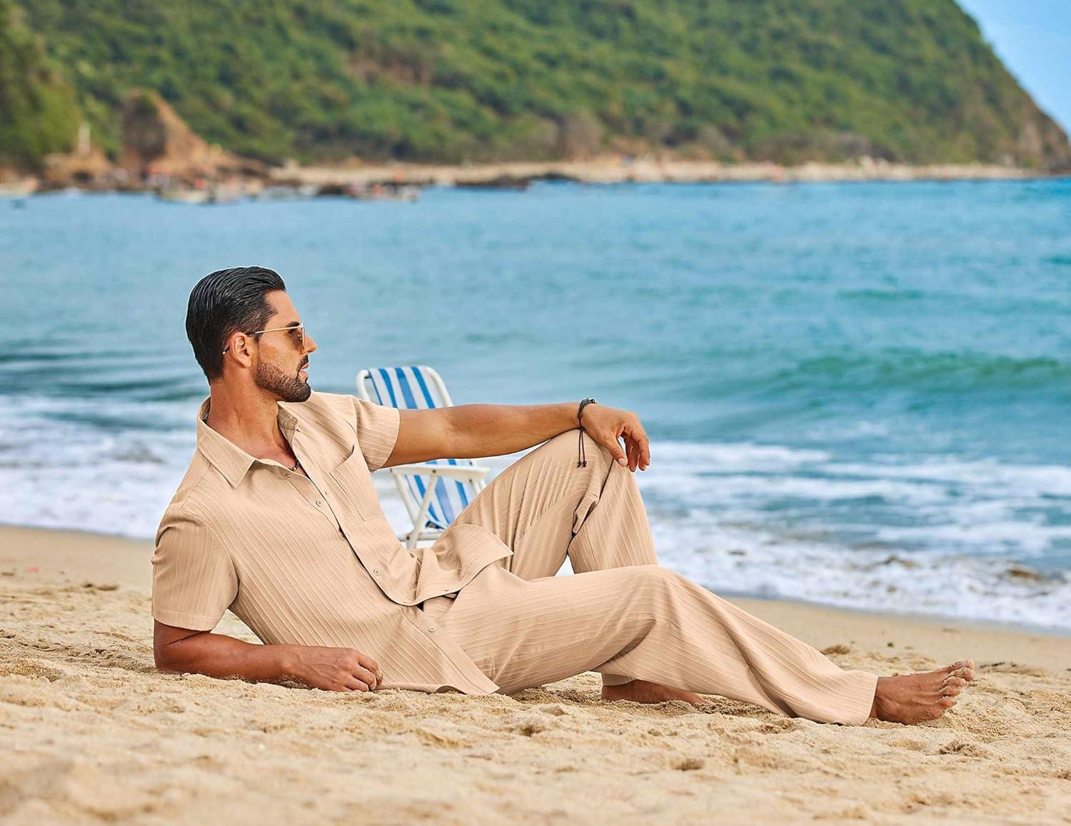 imageCOOFANDY Mens 2 Piece Sets Summer Outfits Short Sleeve Button Down Shirt Loose Pant Sets Beach Vacation OutfitsLight Khaki