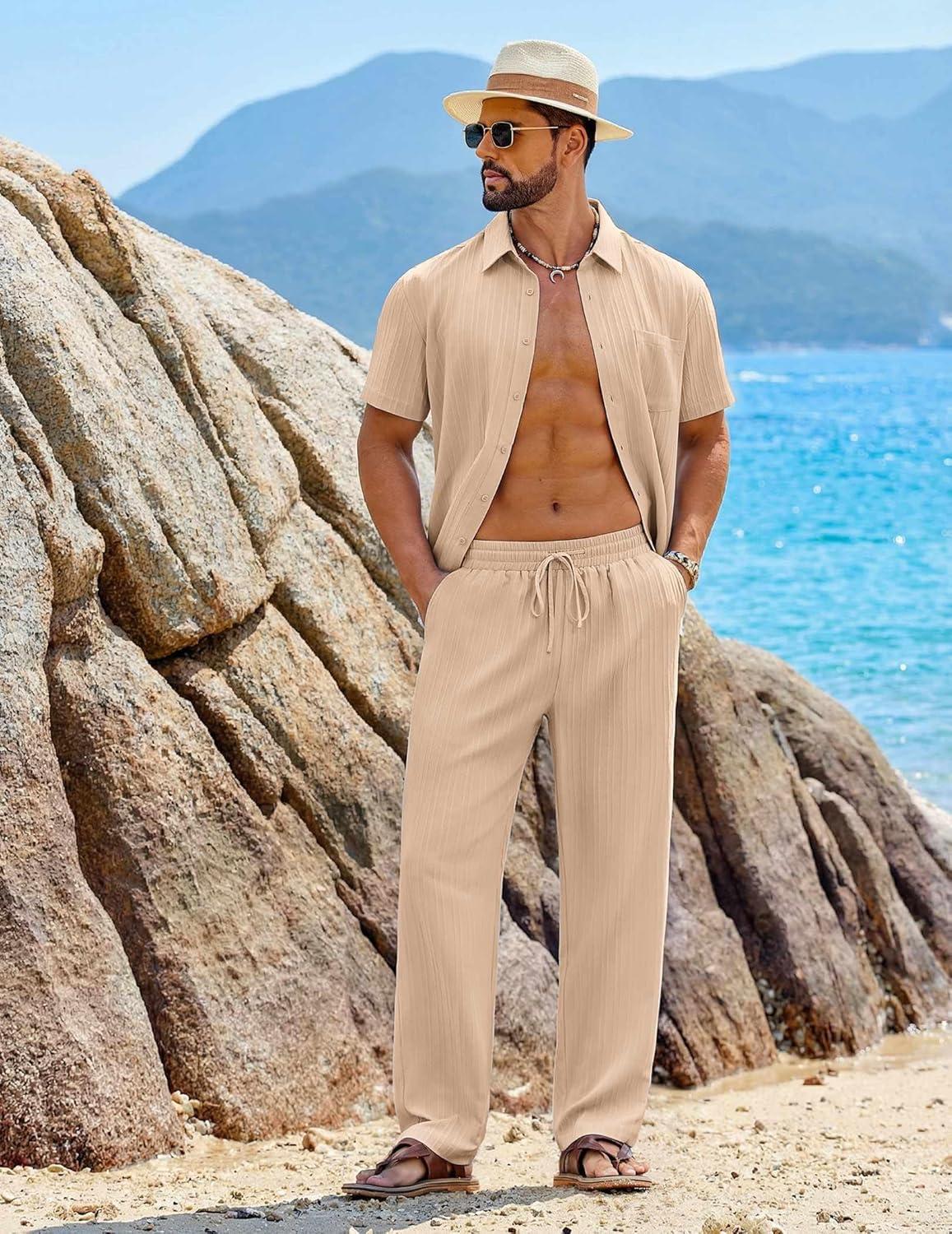 imageCOOFANDY Mens 2 Piece Sets Summer Outfits Short Sleeve Button Down Shirt Loose Pant Sets Beach Vacation OutfitsLight Khaki
