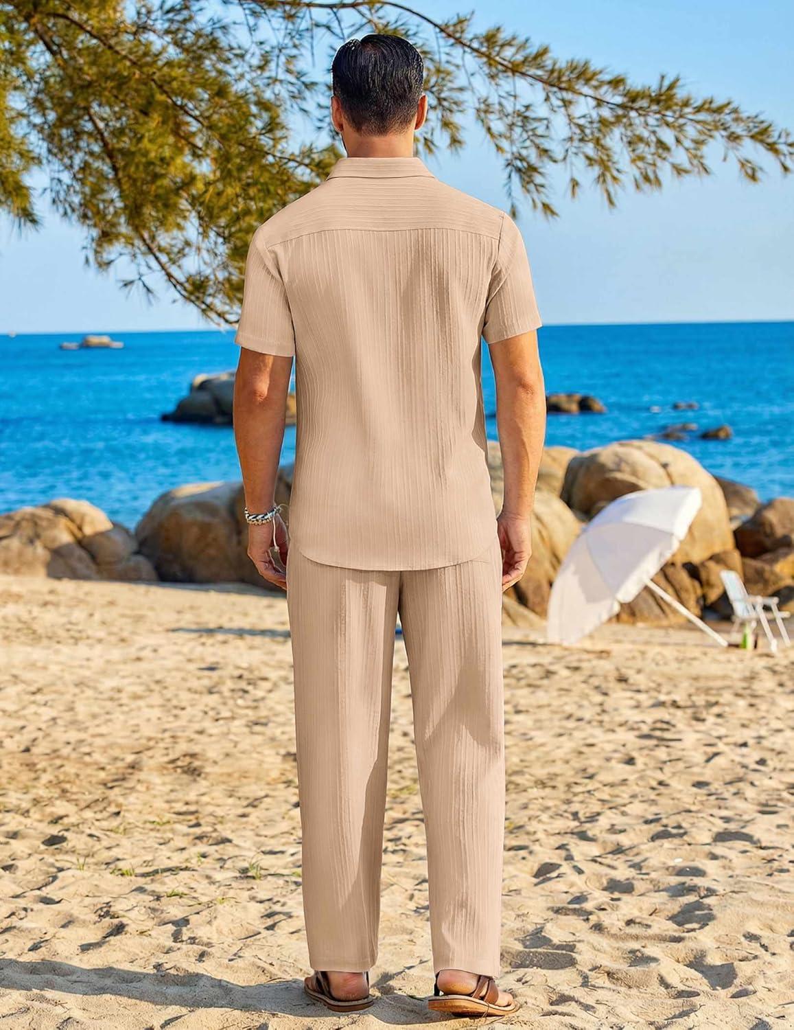 imageCOOFANDY Mens 2 Piece Sets Summer Outfits Short Sleeve Button Down Shirt Loose Pant Sets Beach Vacation OutfitsLight Khaki