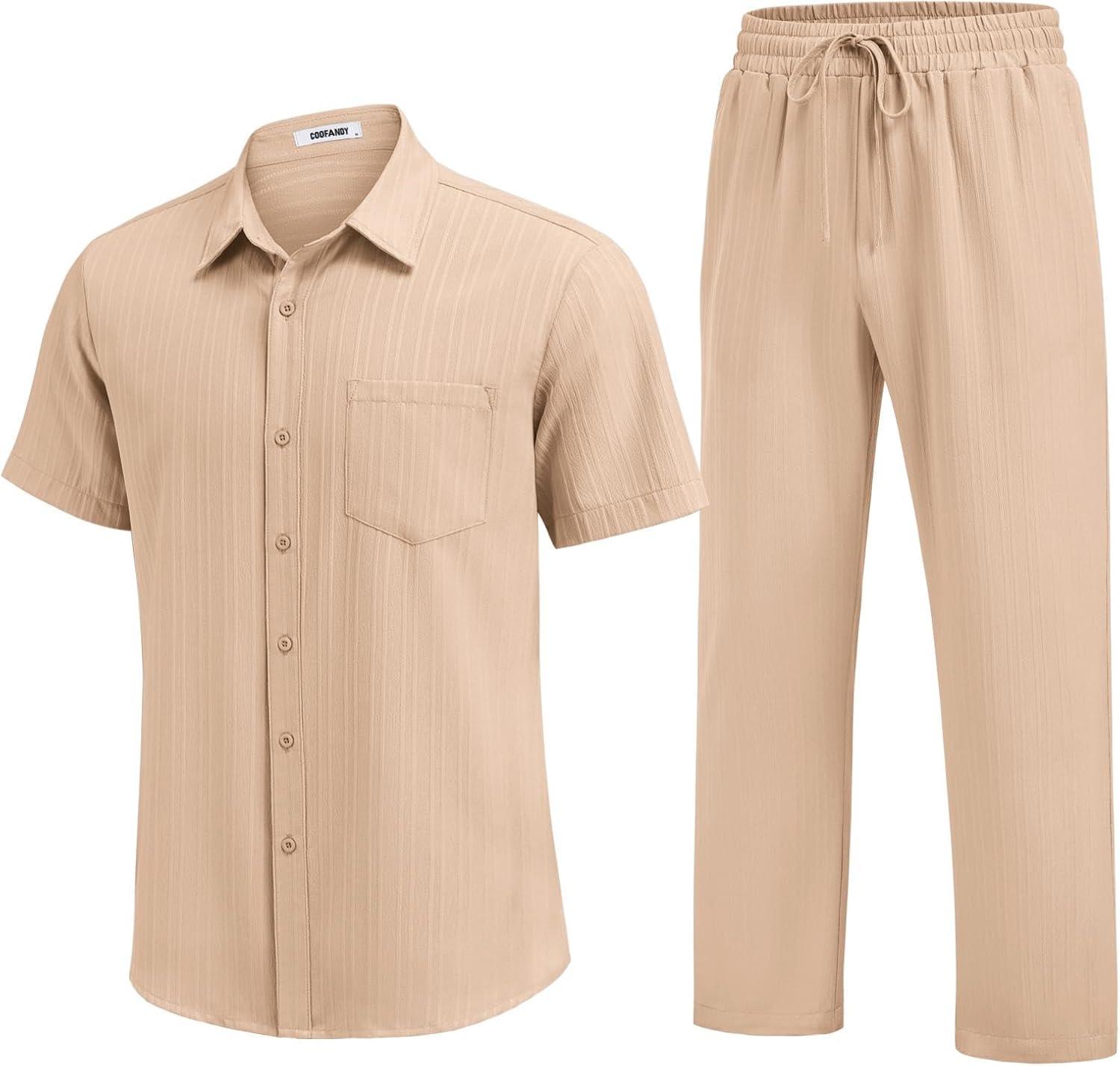 imageCOOFANDY Mens 2 Piece Sets Summer Outfits Short Sleeve Button Down Shirt Loose Pant Sets Beach Vacation OutfitsLight Khaki