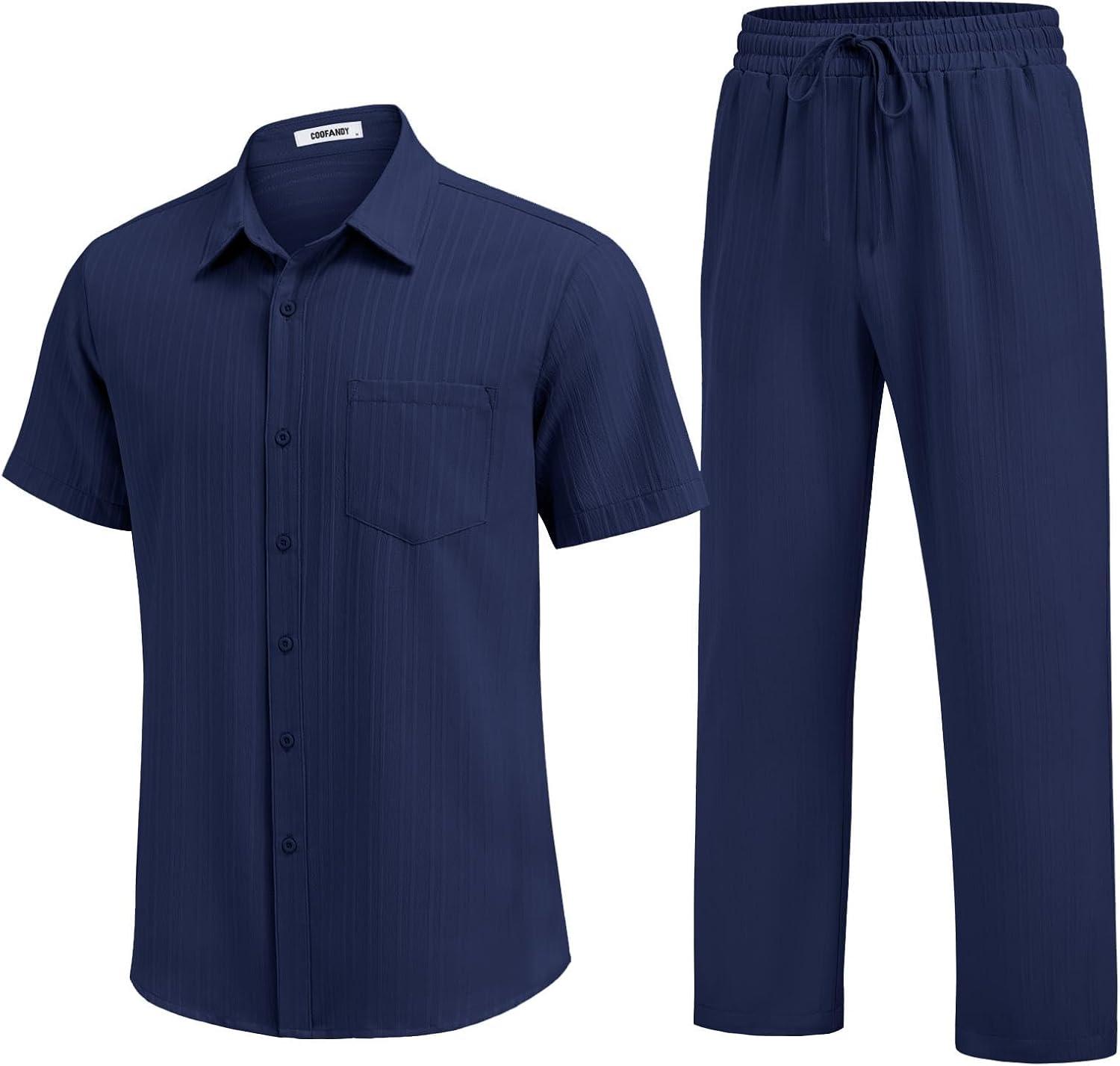 imageCOOFANDY Mens 2 Piece Sets Summer Outfits Short Sleeve Button Down Shirt Loose Pant Sets Beach Vacation OutfitsNavy Blue