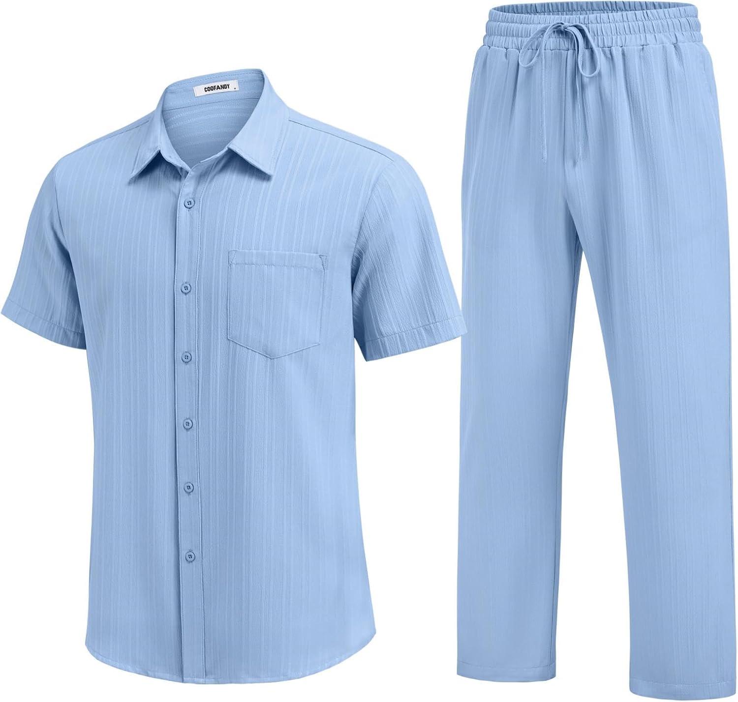 imageCOOFANDY Mens 2 Piece Sets Summer Outfits Short Sleeve Button Down Shirt Loose Pant Sets Beach Vacation OutfitsSky Blue