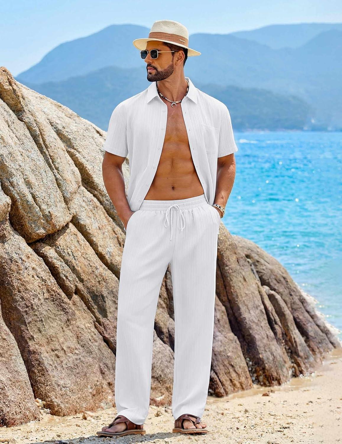imageCOOFANDY Mens 2 Piece Sets Summer Outfits Short Sleeve Button Down Shirt Loose Pant Sets Beach Vacation OutfitsWhite