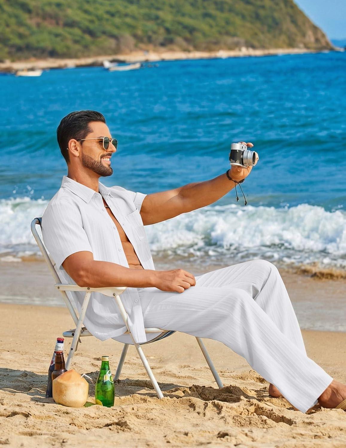 imageCOOFANDY Mens 2 Piece Sets Summer Outfits Short Sleeve Button Down Shirt Loose Pant Sets Beach Vacation OutfitsWhite