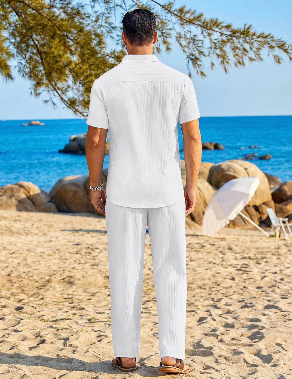 imageCOOFANDY Mens 2 Piece Sets Summer Outfits Short Sleeve Button Down Shirt Loose Pant Sets Beach Vacation OutfitsWhite
