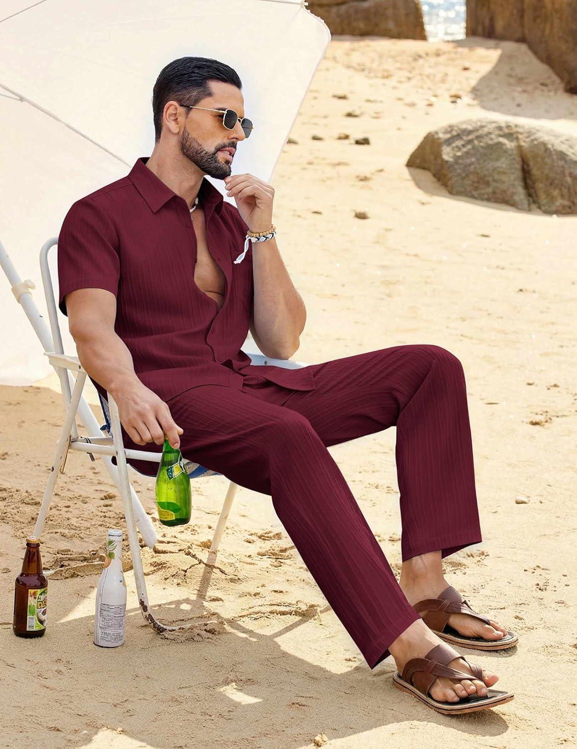 imageCOOFANDY Mens 2 Piece Sets Summer Outfits Short Sleeve Button Down Shirt Loose Pant Sets Beach Vacation OutfitsWine Red