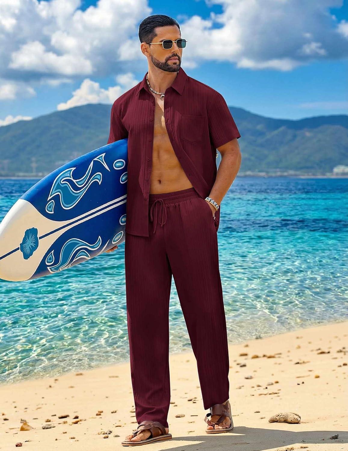 imageCOOFANDY Mens 2 Piece Sets Summer Outfits Short Sleeve Button Down Shirt Loose Pant Sets Beach Vacation OutfitsWine Red