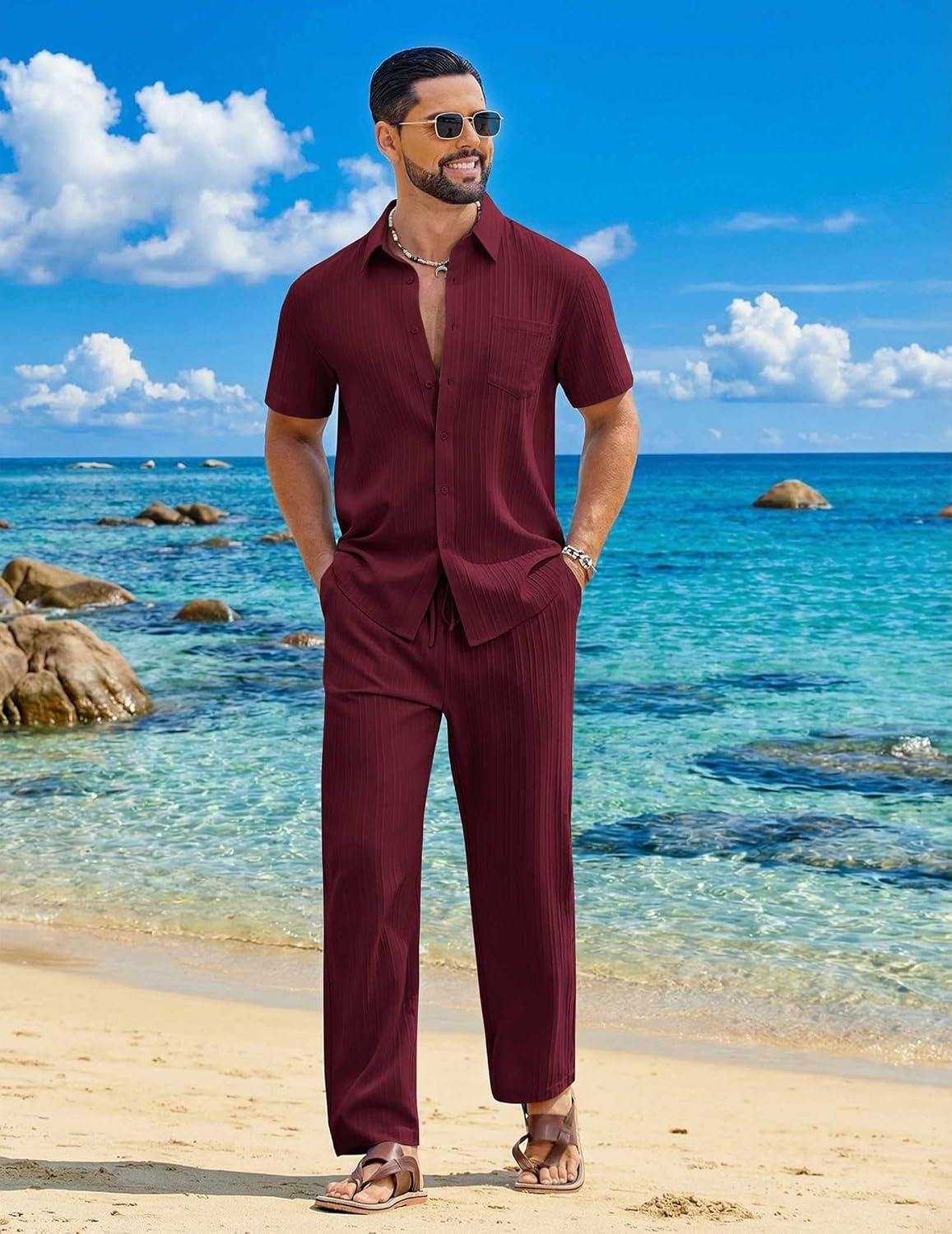 imageCOOFANDY Mens 2 Piece Sets Summer Outfits Short Sleeve Button Down Shirt Loose Pant Sets Beach Vacation OutfitsWine Red