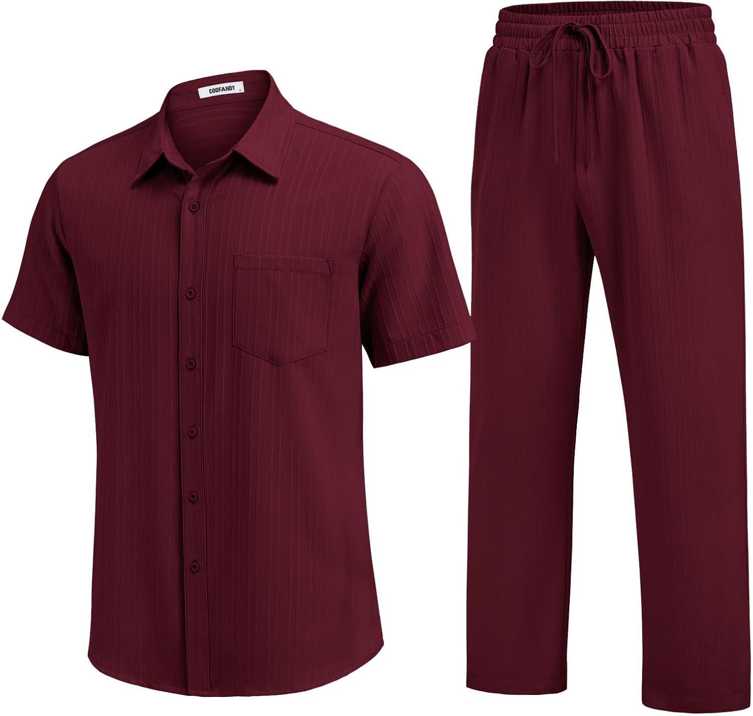 imageCOOFANDY Mens 2 Piece Sets Summer Outfits Short Sleeve Button Down Shirt Loose Pant Sets Beach Vacation OutfitsWine Red
