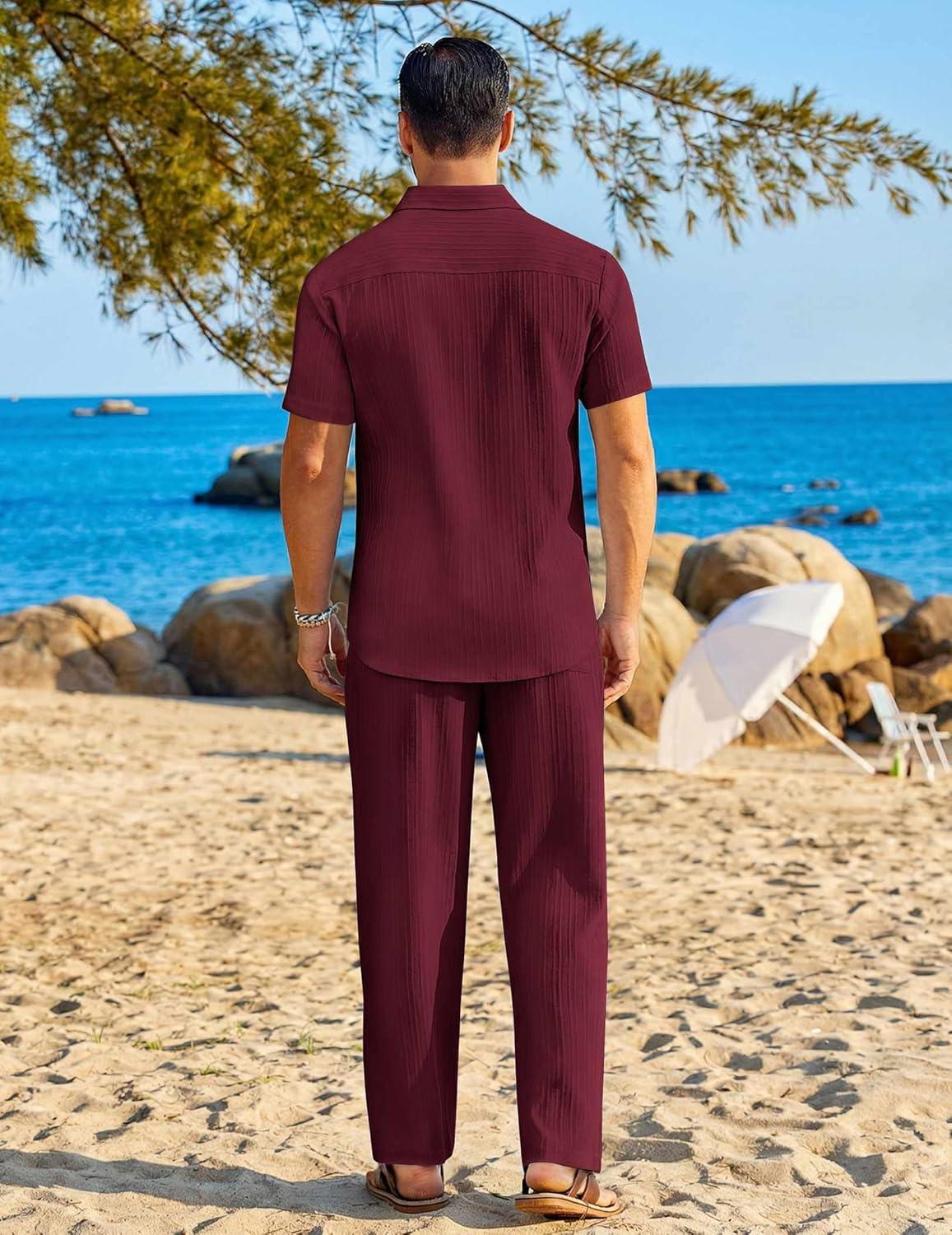 imageCOOFANDY Mens 2 Piece Sets Summer Outfits Short Sleeve Button Down Shirt Loose Pant Sets Beach Vacation OutfitsWine Red