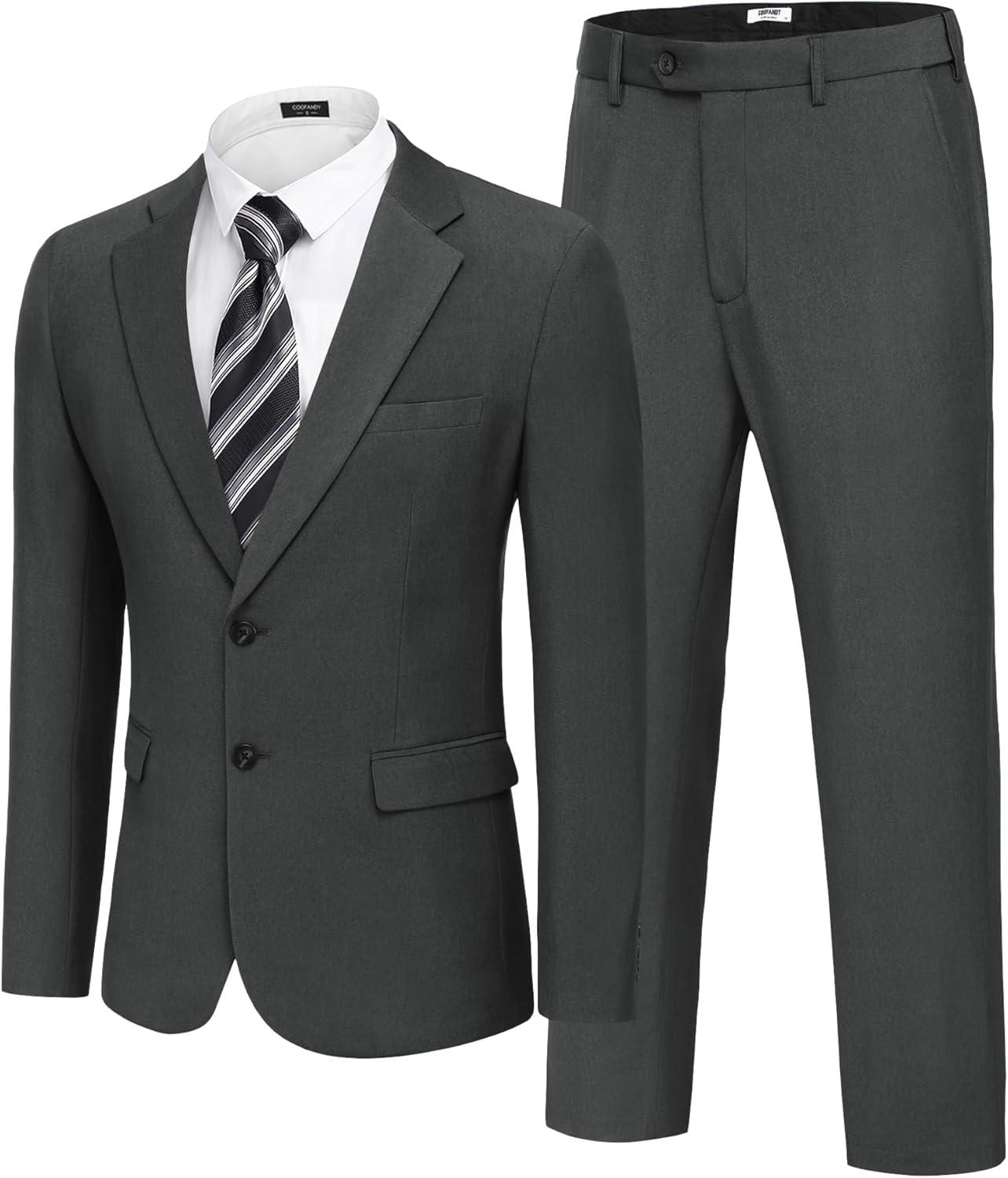imageCOOFANDY Mens 2 Piece Suit Slim Fit Two Buttons Dress Suits Solid Jacket and Pants Set Tuxedo for Wedding Prom BusinessDark Gray