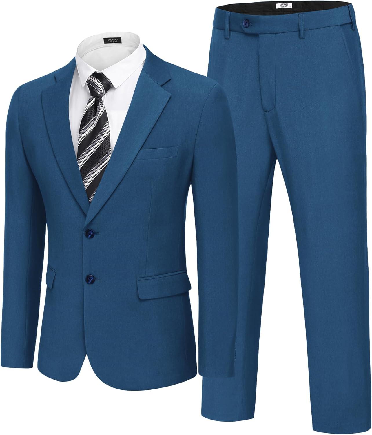 imageCOOFANDY Mens 2 Piece Suit Slim Fit Two Buttons Dress Suits Solid Jacket and Pants Set Tuxedo for Wedding Prom BusinessNavy Blue