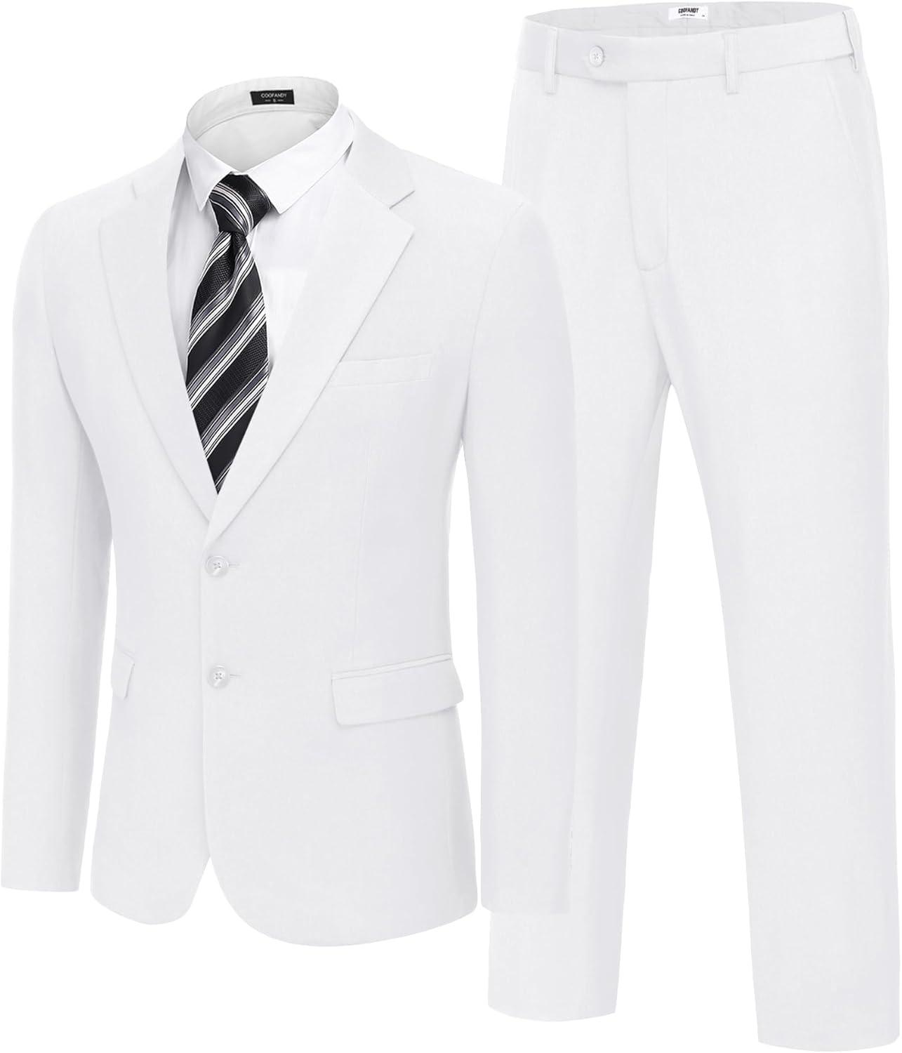 imageCOOFANDY Mens 2 Piece Suit Slim Fit Two Buttons Dress Suits Solid Jacket and Pants Set Tuxedo for Wedding Prom BusinessWhite