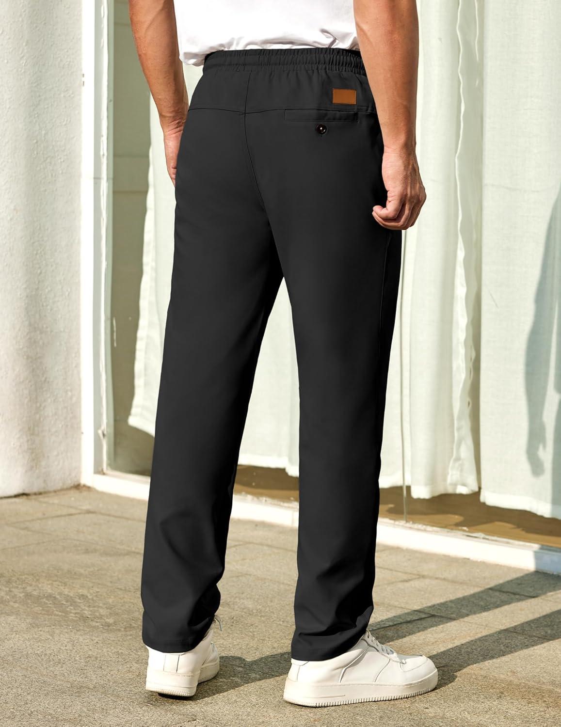 imageCOOFANDY Mens Casual Pants Elastic Waist Chino Pants Lightweight Drawstring Pants with PocketsAblack