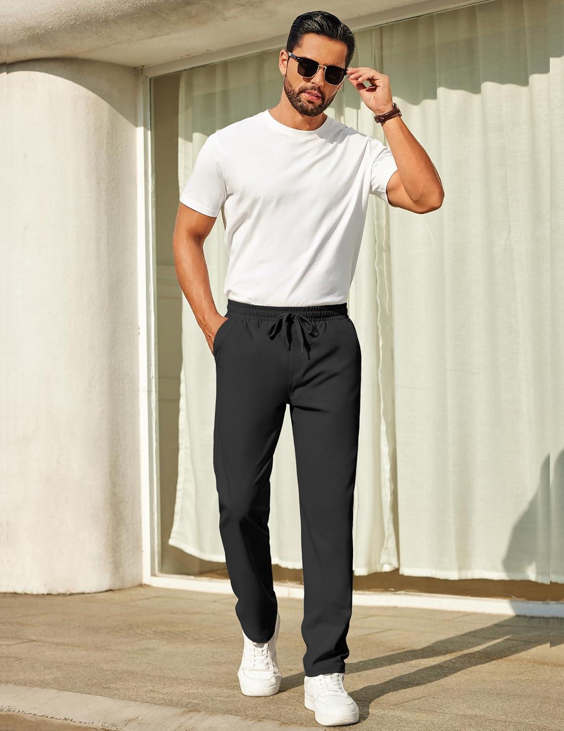 imageCOOFANDY Mens Casual Pants Elastic Waist Chino Pants Lightweight Drawstring Pants with PocketsAblack