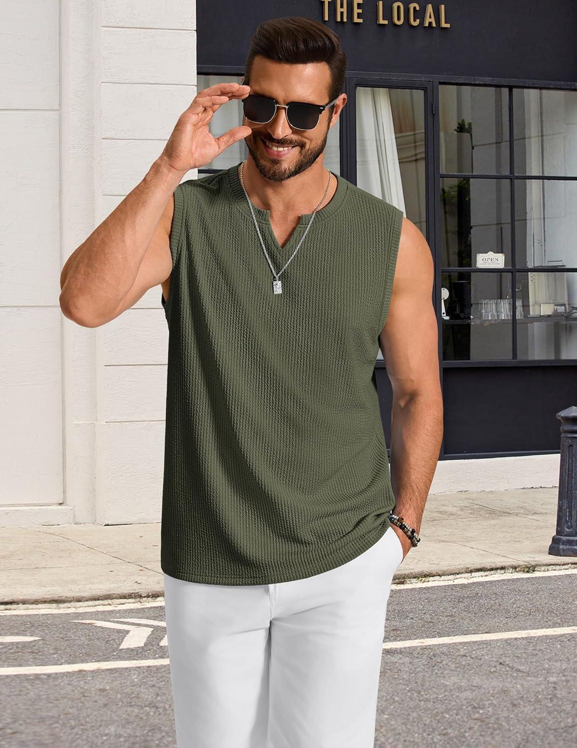 imageCOOFANDY Mens Casual Tank Top V Neck Knit Jacquard Sleeveless T Shirts Lightweight Summer Beach Textured TankArmy Green
