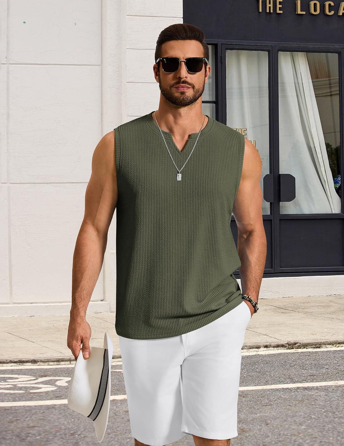 imageCOOFANDY Mens Casual Tank Top V Neck Knit Jacquard Sleeveless T Shirts Lightweight Summer Beach Textured TankArmy Green