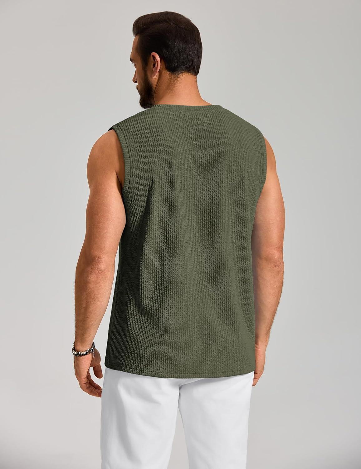 imageCOOFANDY Mens Casual Tank Top V Neck Knit Jacquard Sleeveless T Shirts Lightweight Summer Beach Textured TankArmy Green