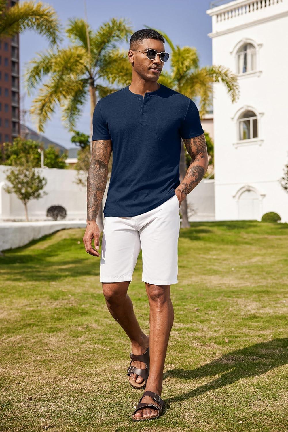 imageCOOFANDY Mens Henley Shirts Short Sleeve Button T Shirt Casual Summer Basic Tee Tops with PocketDarkblue1
