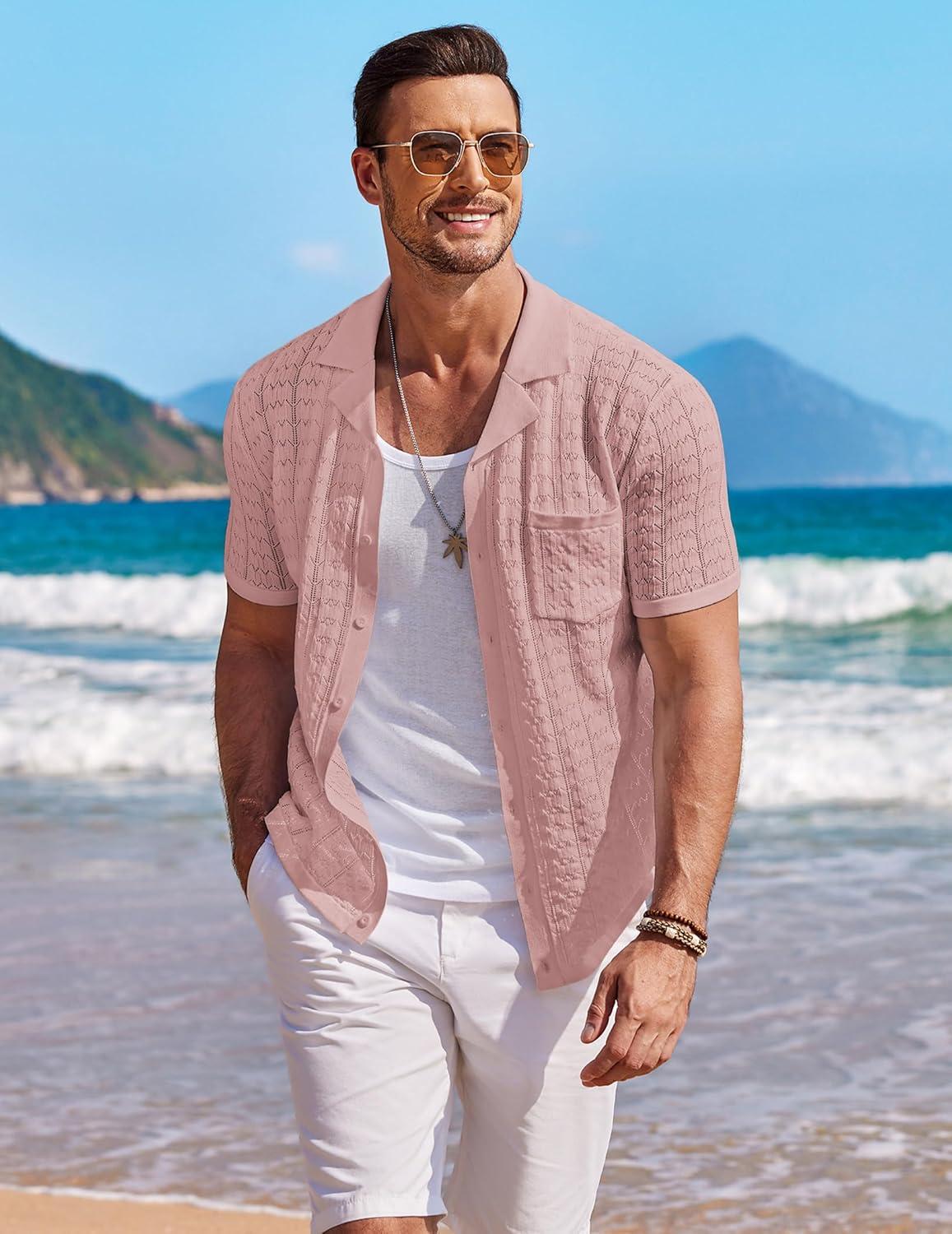 imageCOOFANDY Mens Knit Button Down Shirt Short Sleeve Vintage Polo Shirts Summer Casual Beach TopsDusty Pink