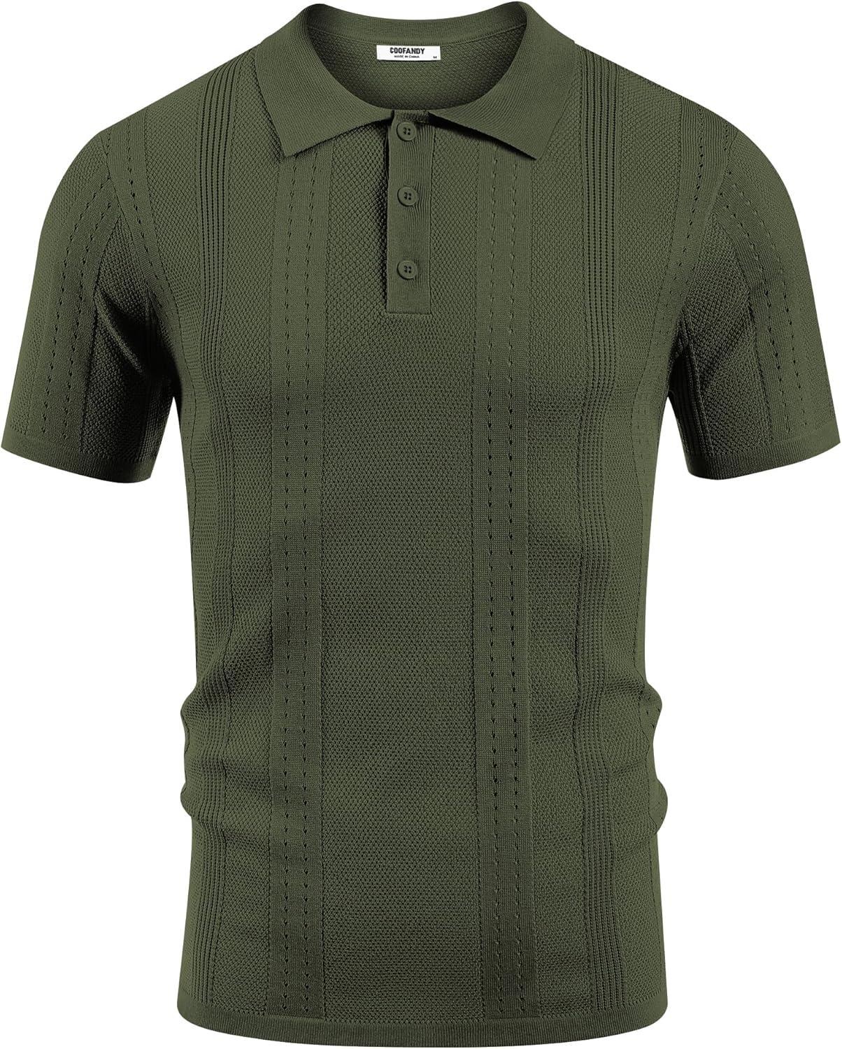 imageCOOFANDY Mens Knit Polo Shirts Short Sleeve Textured Button Down Polo Shirt Cuban Guayabera Summer Beach ShirtsArmy Green