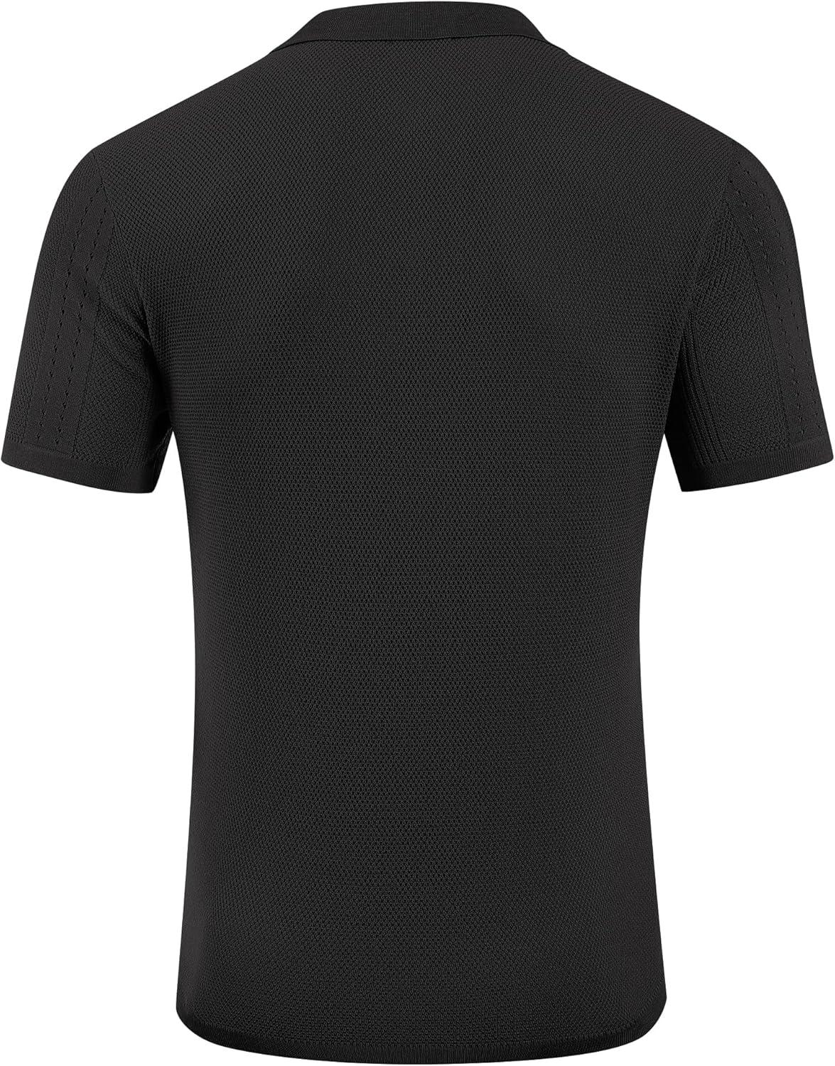 imageCOOFANDY Mens Knit Polo Shirts Short Sleeve Textured Button Down Polo Shirt Cuban Guayabera Summer Beach ShirtsBlack