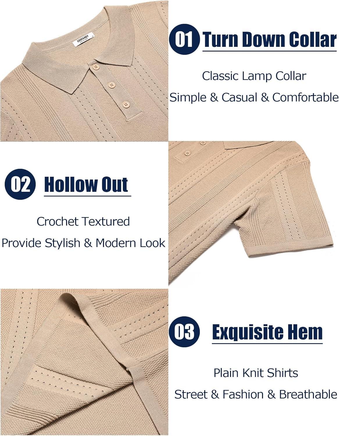 imageCOOFANDY Mens Knit Polo Shirts Short Sleeve Textured Button Down Polo Shirt Cuban Guayabera Summer Beach ShirtsKhaki