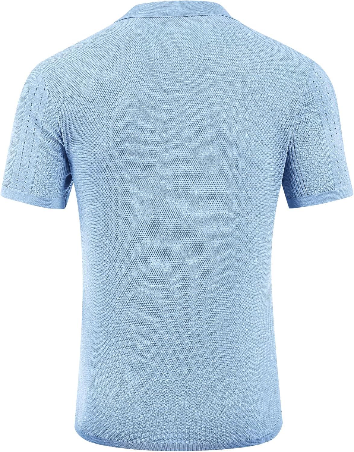imageCOOFANDY Mens Knit Polo Shirts Short Sleeve Textured Button Down Polo Shirt Cuban Guayabera Summer Beach ShirtsLight Blue