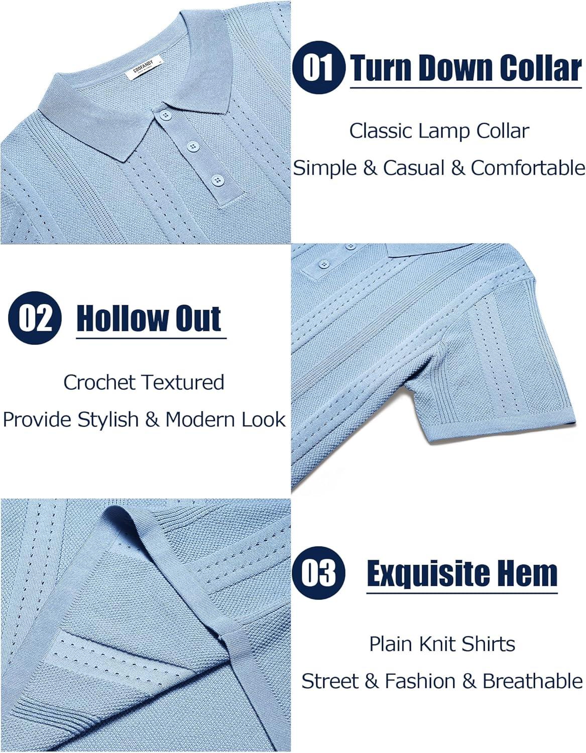 imageCOOFANDY Mens Knit Polo Shirts Short Sleeve Textured Button Down Polo Shirt Cuban Guayabera Summer Beach ShirtsLight Blue
