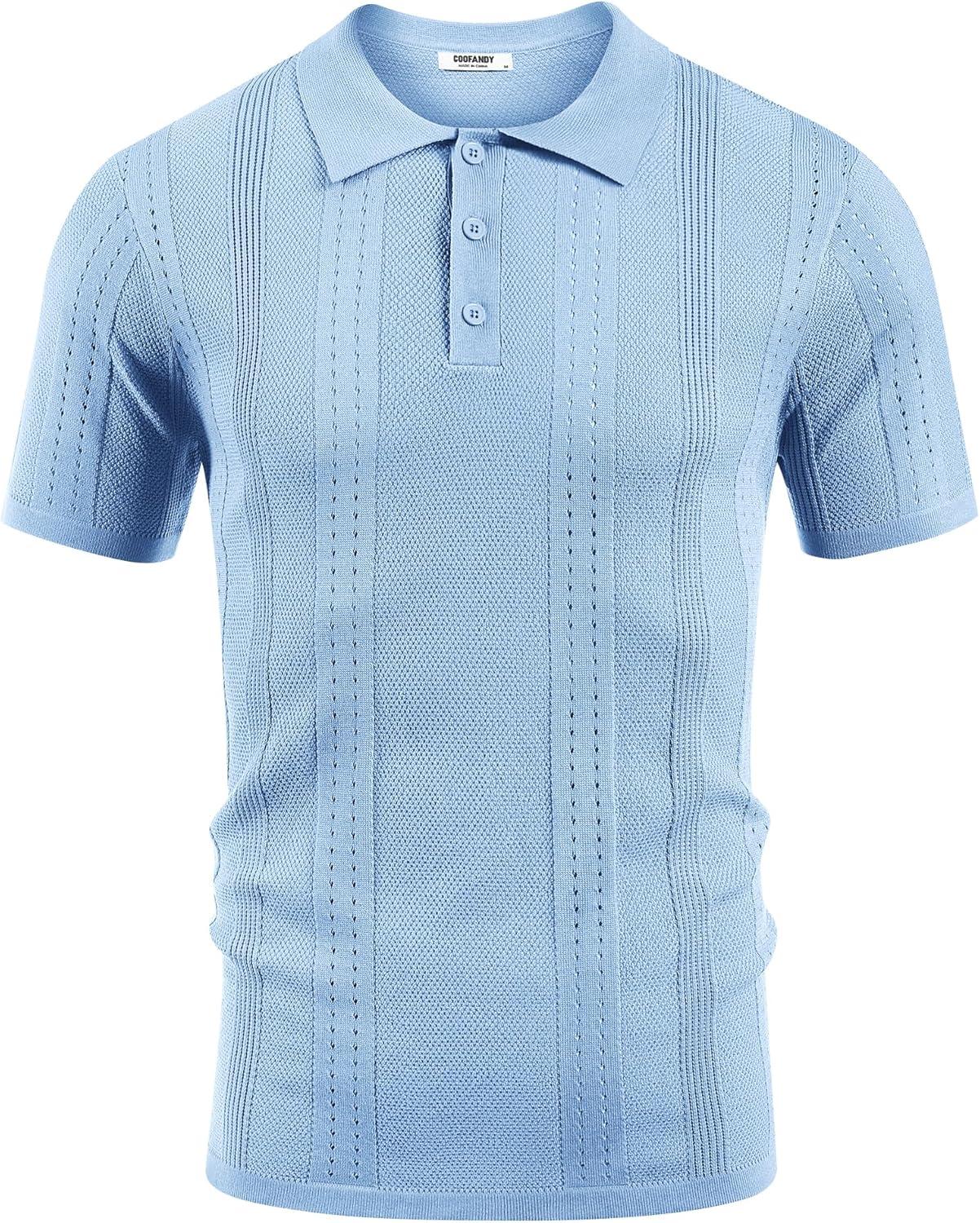 imageCOOFANDY Mens Knit Polo Shirts Short Sleeve Textured Button Down Polo Shirt Cuban Guayabera Summer Beach ShirtsLight Blue