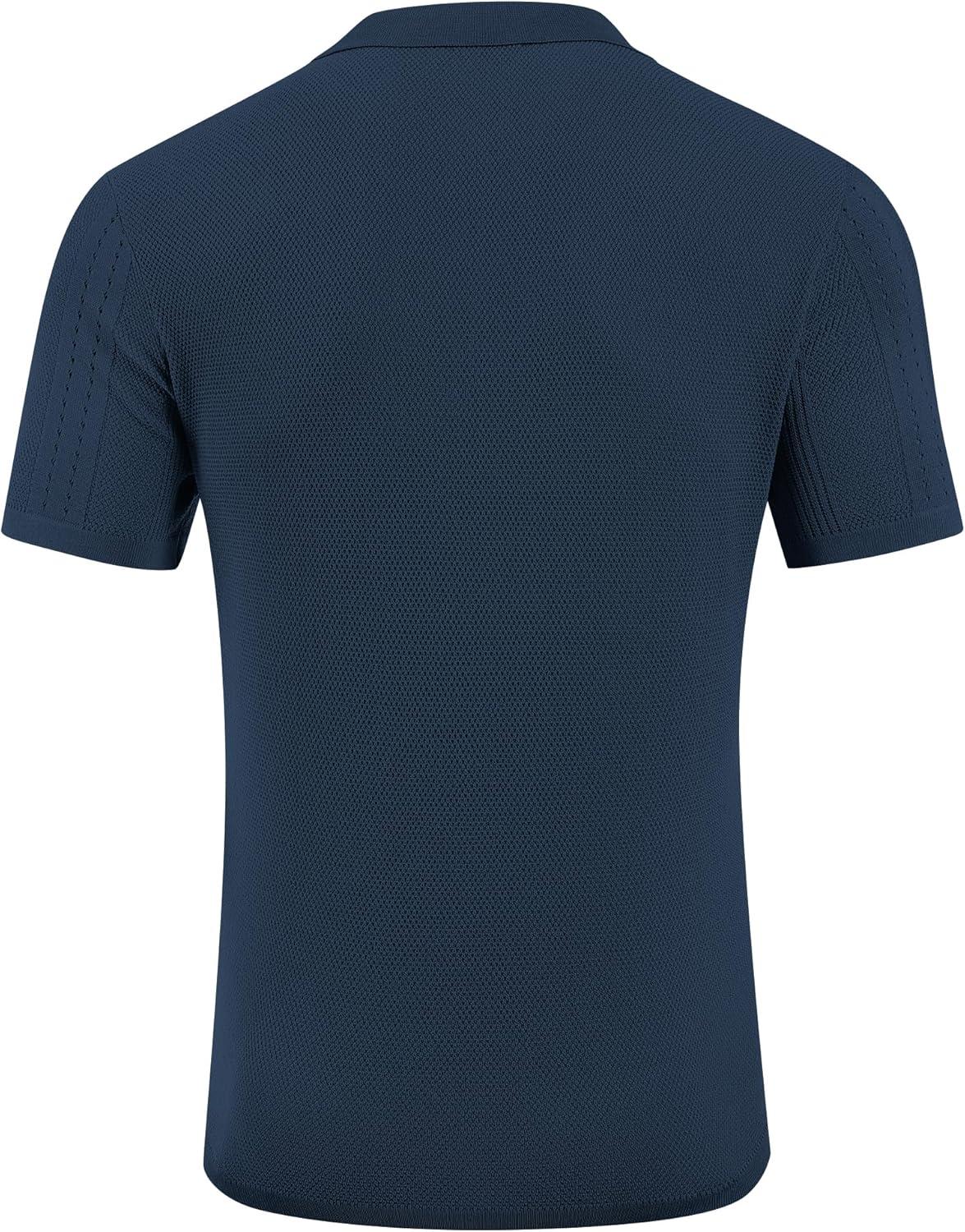 imageCOOFANDY Mens Knit Polo Shirts Short Sleeve Textured Button Down Polo Shirt Cuban Guayabera Summer Beach ShirtsNavy Blue