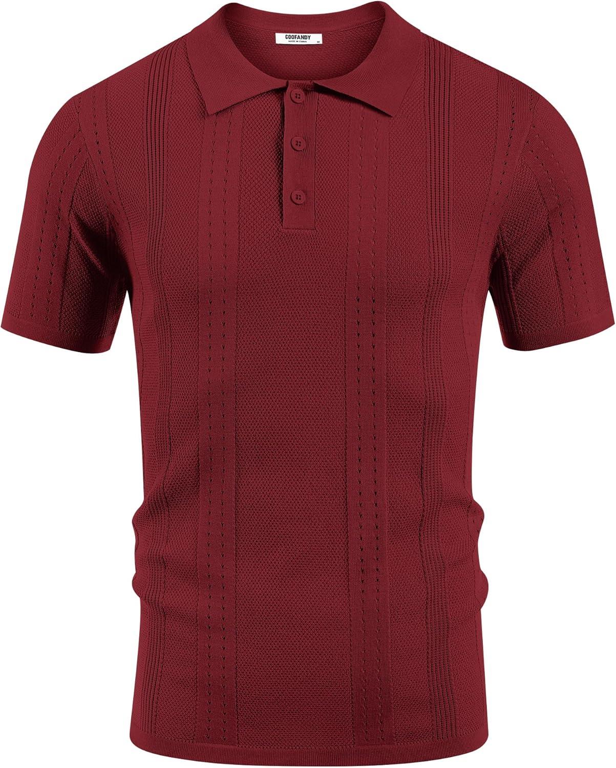 imageCOOFANDY Mens Knit Polo Shirts Short Sleeve Textured Button Down Polo Shirt Cuban Guayabera Summer Beach ShirtsWine Red