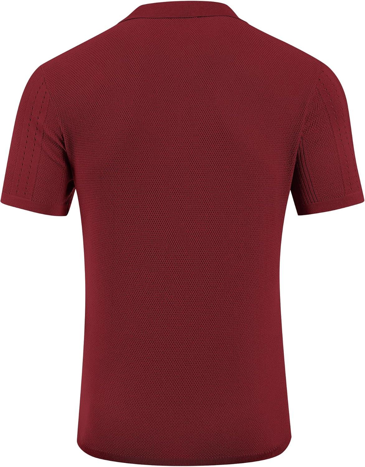 imageCOOFANDY Mens Knit Polo Shirts Short Sleeve Textured Button Down Polo Shirt Cuban Guayabera Summer Beach ShirtsWine Red