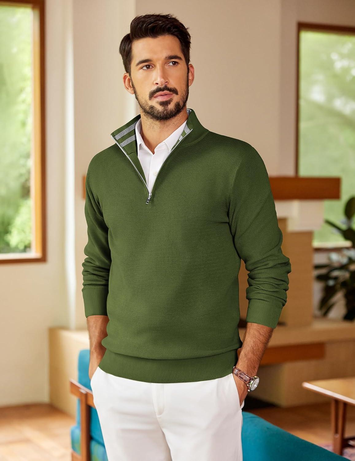 imageCOOFANDY Mens Quarter Zip Pullover Slim Fit Lightweight Sweater Casual Mock Neck Knit Polo SweaterArmy Green
