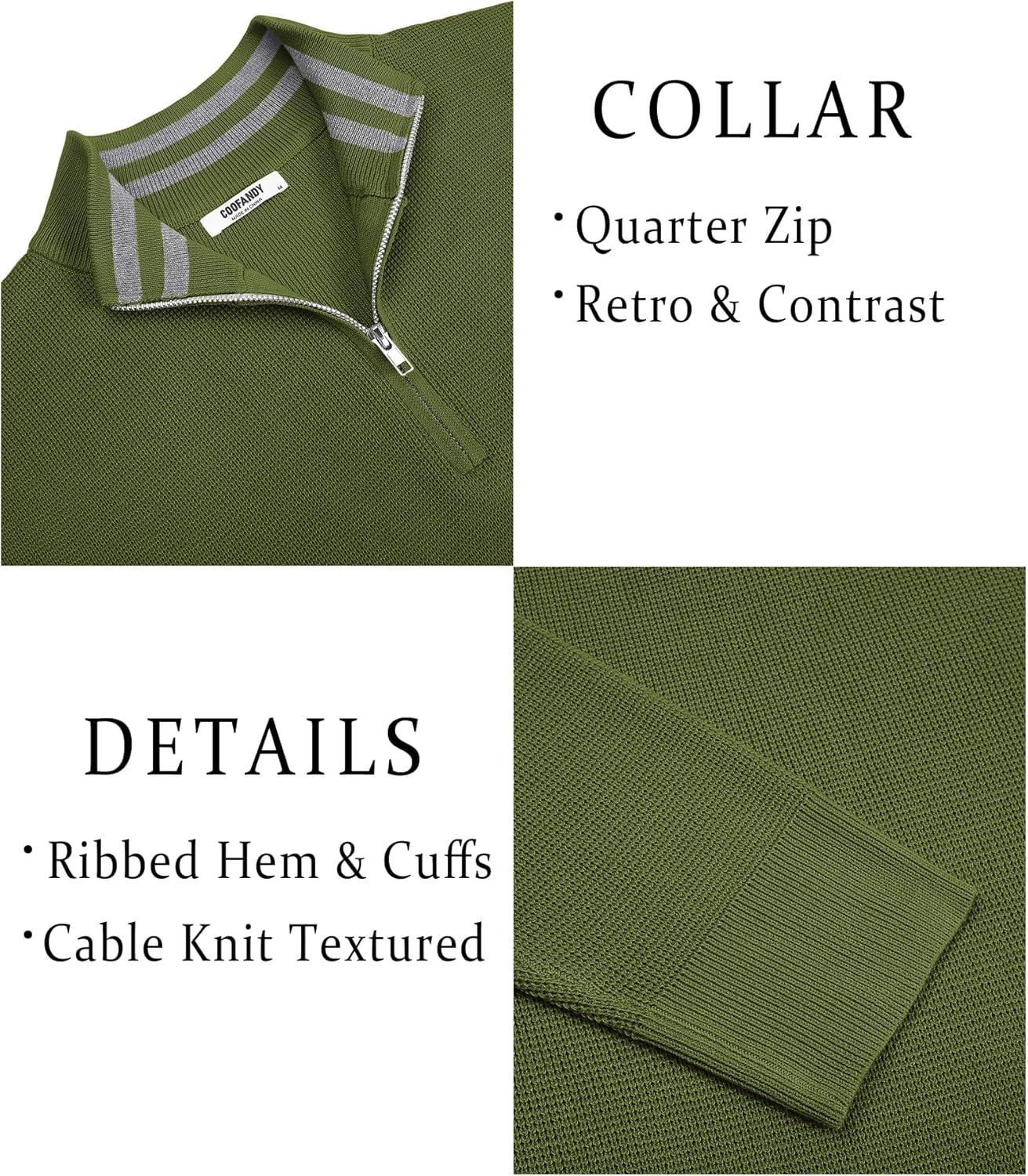 imageCOOFANDY Mens Quarter Zip Pullover Slim Fit Lightweight Sweater Casual Mock Neck Knit Polo SweaterArmy Green