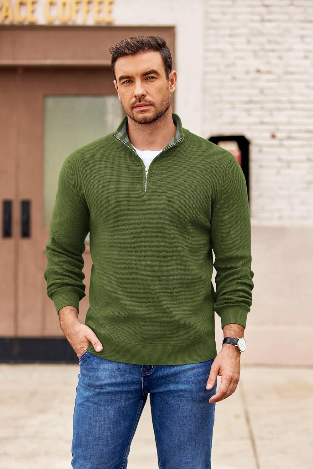 imageCOOFANDY Mens Quarter Zip Pullover Slim Fit Lightweight Sweater Casual Mock Neck Knit Polo SweaterArmy Green