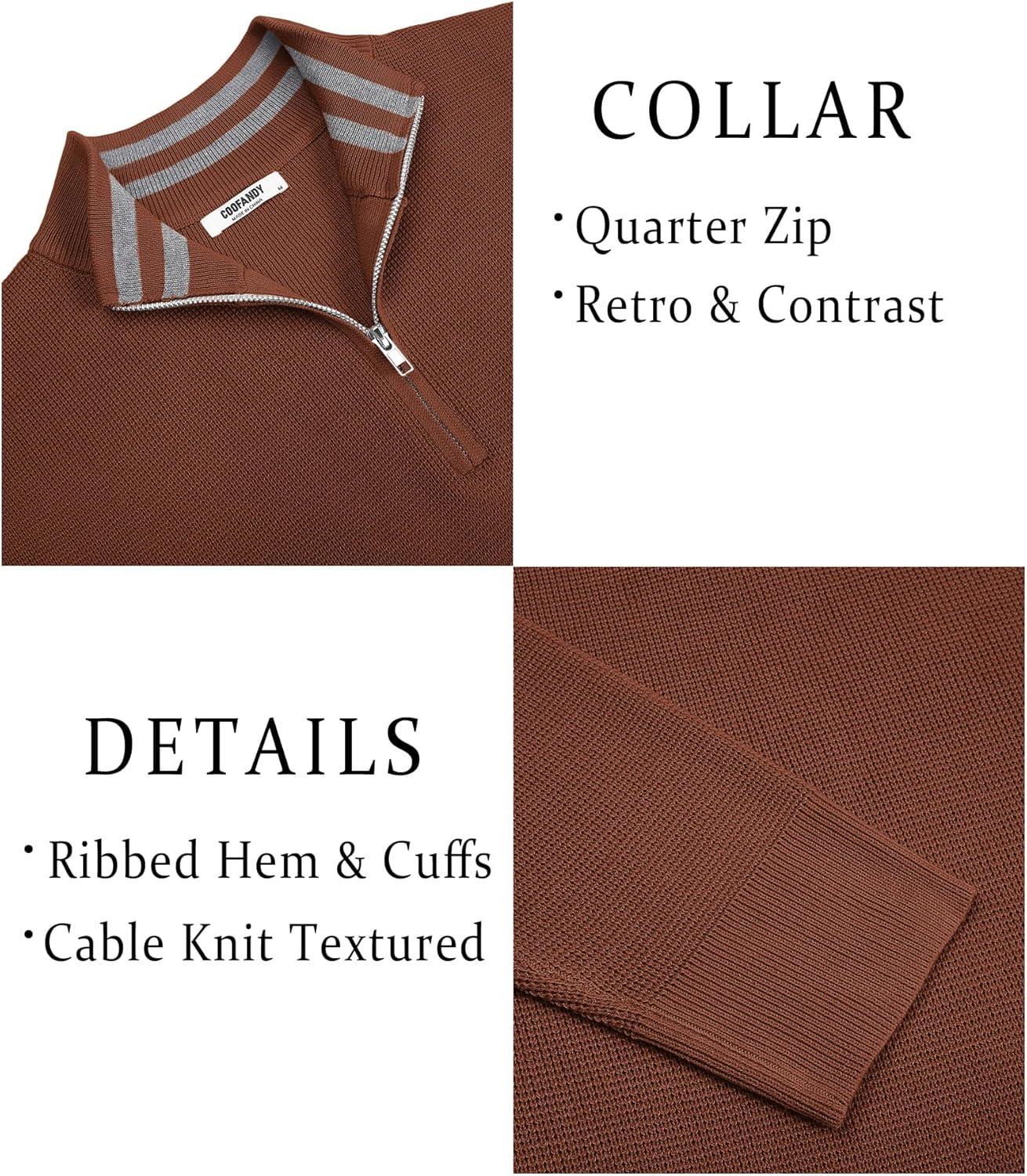 imageCOOFANDY Mens Quarter Zip Pullover Slim Fit Lightweight Sweater Casual Mock Neck Knit Polo SweaterBrown