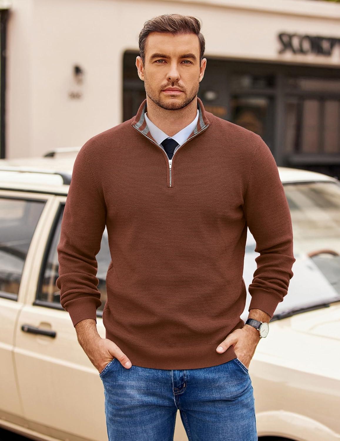 imageCOOFANDY Mens Quarter Zip Pullover Slim Fit Lightweight Sweater Casual Mock Neck Knit Polo SweaterBrown