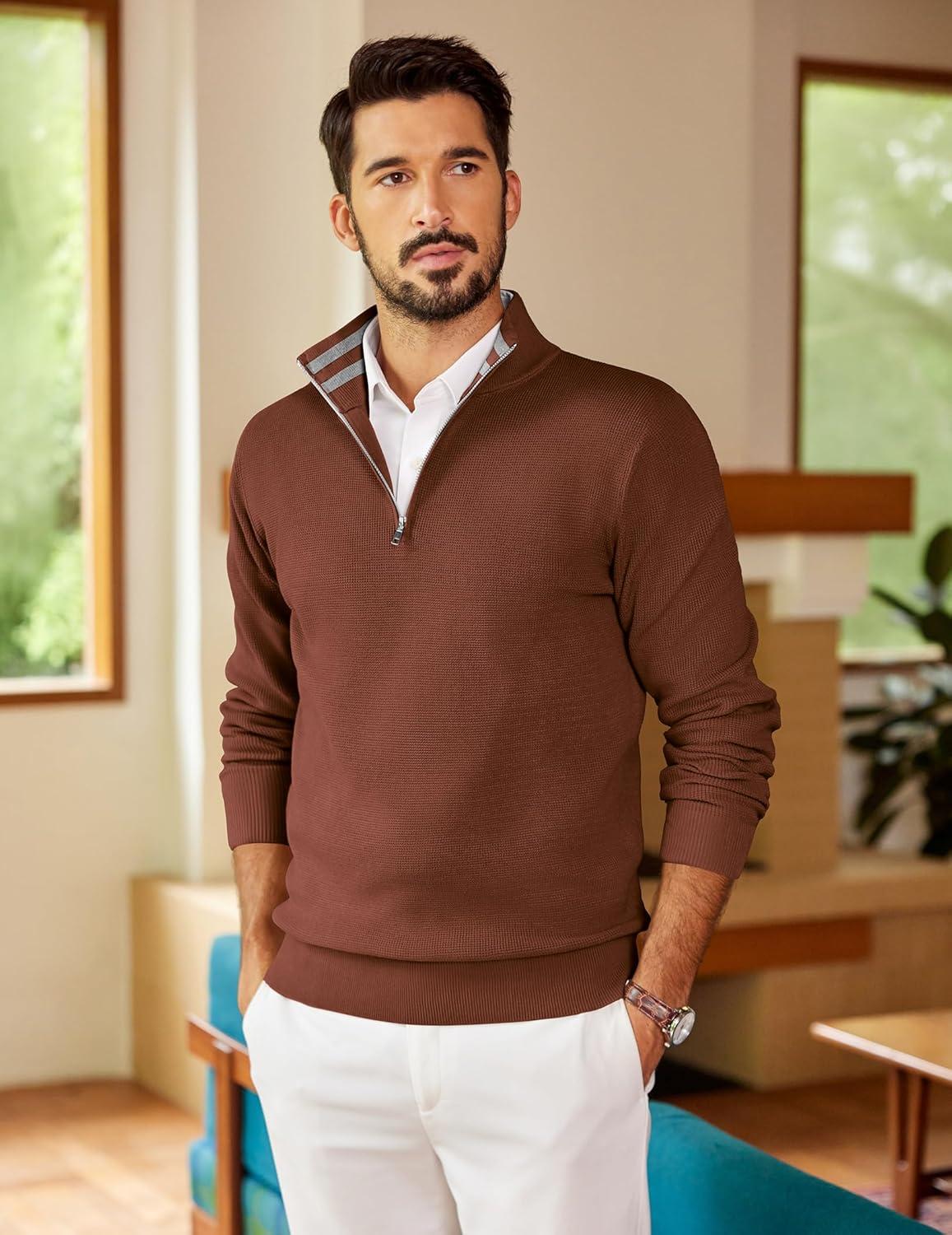 imageCOOFANDY Mens Quarter Zip Pullover Slim Fit Lightweight Sweater Casual Mock Neck Knit Polo SweaterBrown