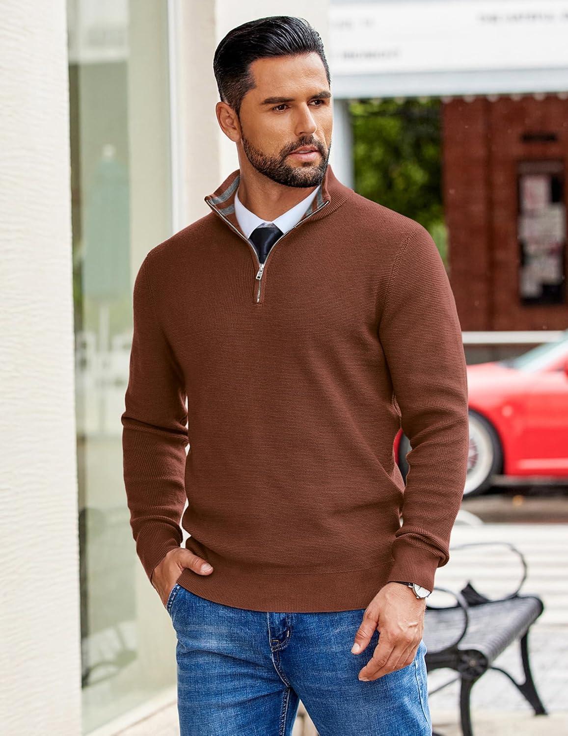 imageCOOFANDY Mens Quarter Zip Pullover Slim Fit Lightweight Sweater Casual Mock Neck Knit Polo SweaterBrown