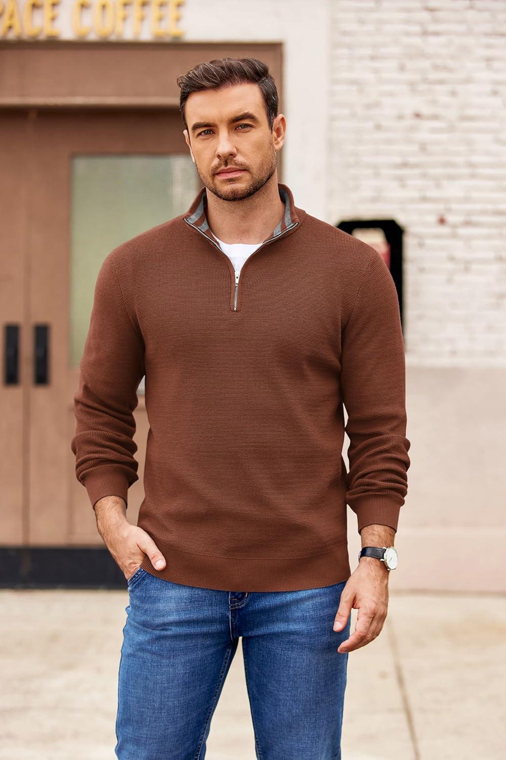 imageCOOFANDY Mens Quarter Zip Pullover Slim Fit Lightweight Sweater Casual Mock Neck Knit Polo SweaterBrown
