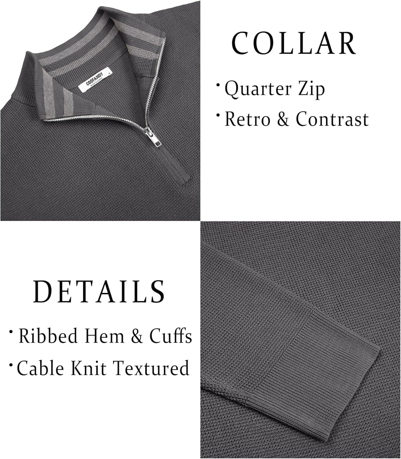 imageCOOFANDY Mens Quarter Zip Pullover Slim Fit Lightweight Sweater Casual Mock Neck Knit Polo SweaterDark Gray
