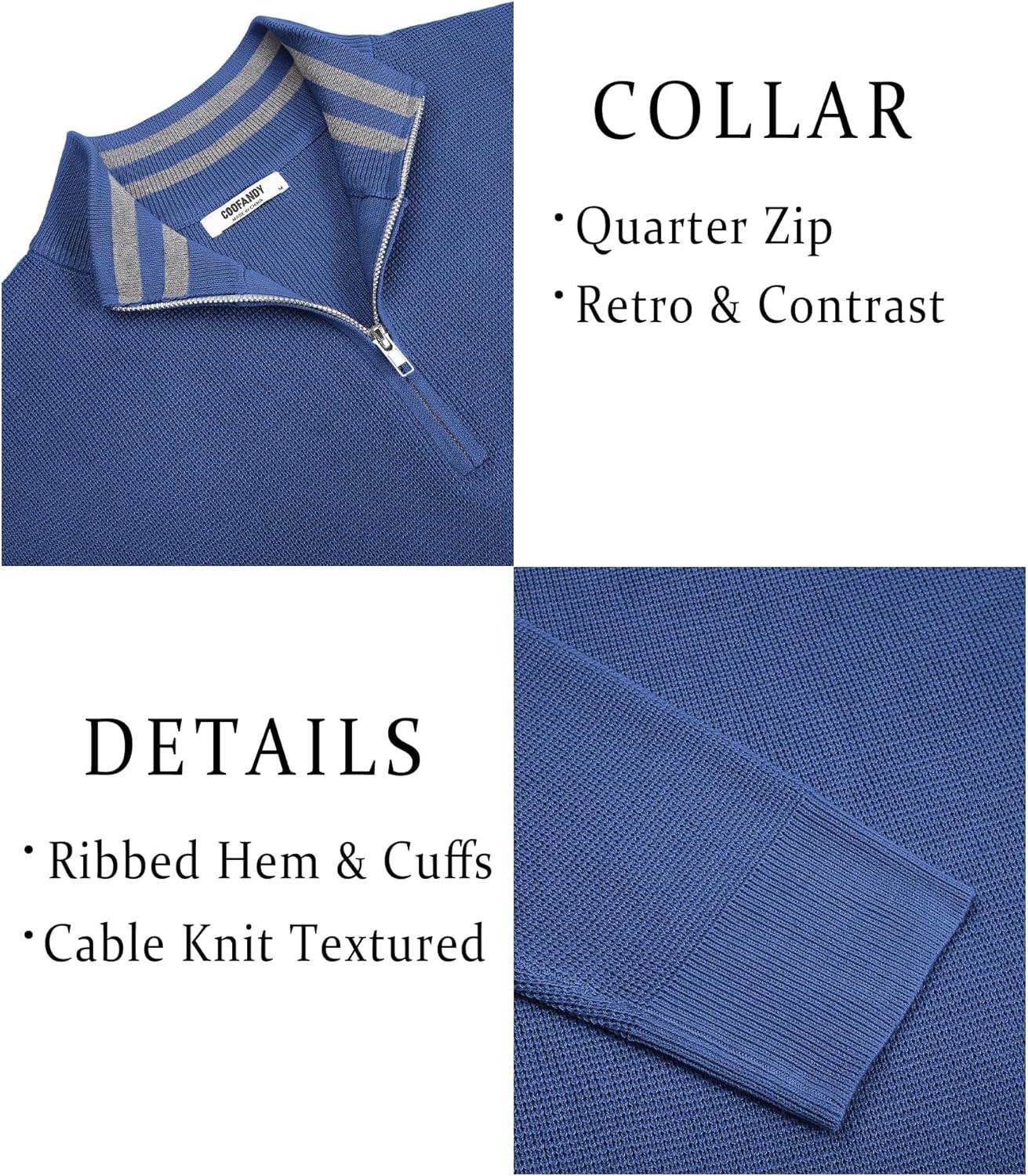 imageCOOFANDY Mens Quarter Zip Pullover Slim Fit Lightweight Sweater Casual Mock Neck Knit Polo SweaterGray Blue