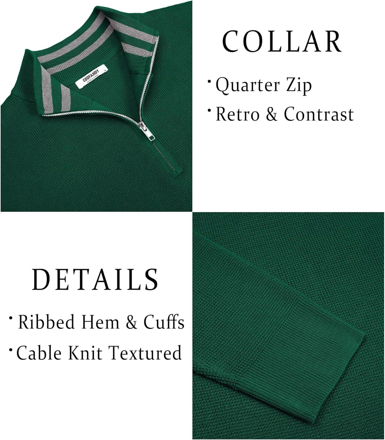 imageCOOFANDY Mens Quarter Zip Pullover Slim Fit Lightweight Sweater Casual Mock Neck Knit Polo SweaterGreen